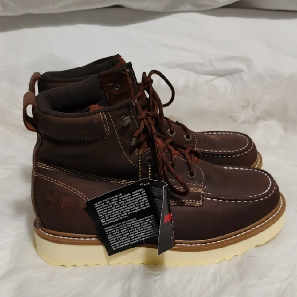 (#201) SALE! NWT Wolverine Brown Wedge Moc-Toe Work Boots Sz.10.5